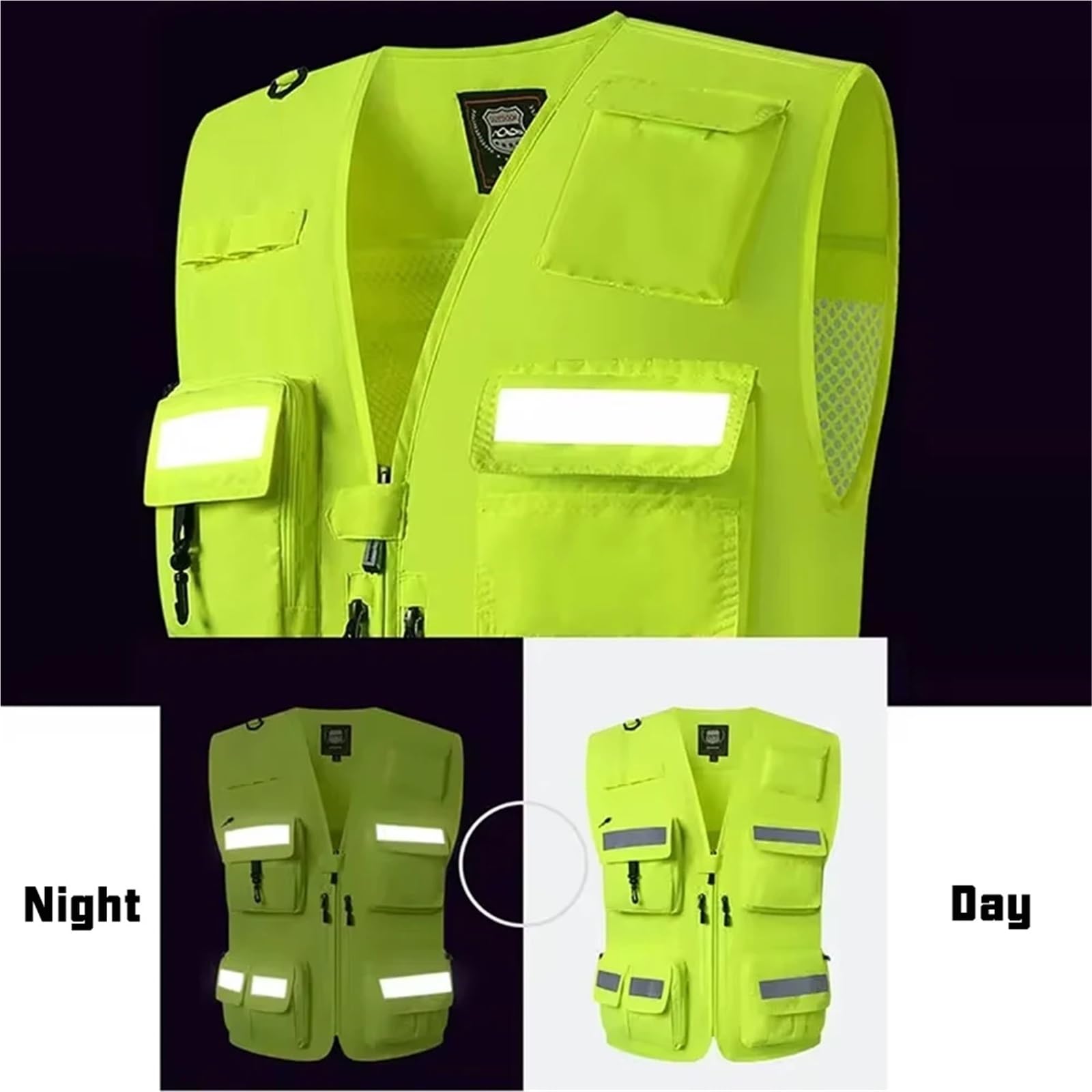 Chaleco de Seguridad Reflectante Chaleco de Seguridad for Hombre, Ropa Trabajo, Multibolsillos, fotografía, Senderismo, Pesca, Malla Transpirable, Alta Visibilidad(Color 49,L)