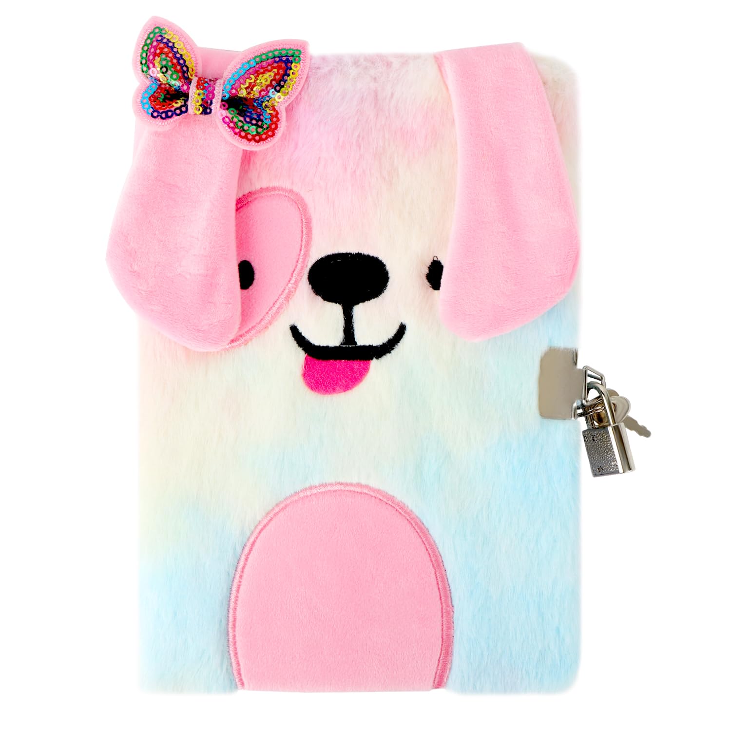MOTIBACK Colourful Puppy Creative Password Fluffy Notebook,Tie-Dye Diary with Lock and Key for Writing and Drawing Fuzzy Secret Journal Gift for Kids Girls Christmas Stocking Stuffers(Colorful)