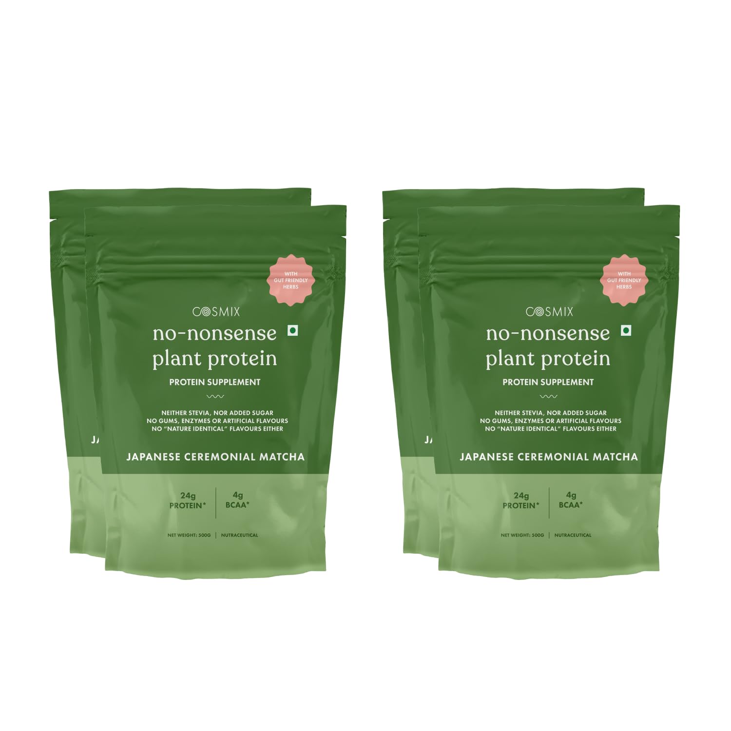 Cosmix No Nonsense Plant Protein | Pea & Brown Rice Isolate| Plant Based |24g Protein/Serving |Easy To Digest |All Essential Amino Acids | No Preservatives | Japanese Ceremonial Matcha -2kg (500 * 4)