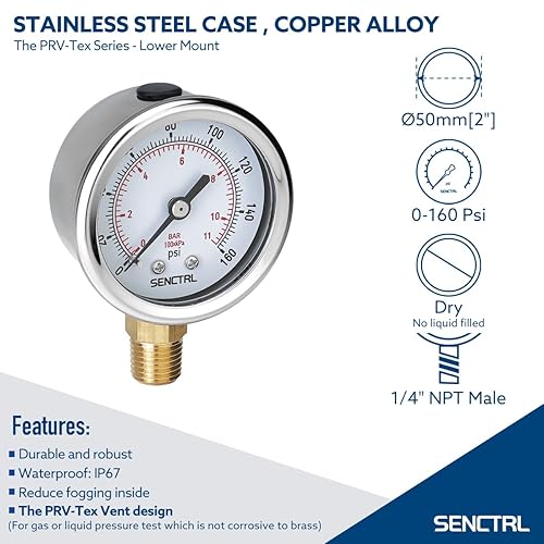 Miniatura 20 de SENCTRL Medidor de presión sin plomo de 100 psi, dial de 2 pulgadas, montaje inferior 1/4 NPT, impermeable, caja de acero inoxidable, para tanque