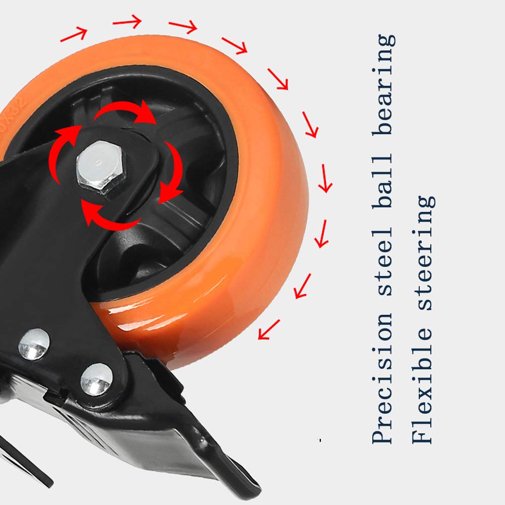 Ruote girevoli per mobili, 4 pezzi, 1,5'' 40 mm/2'' 50 mm, con freno, cuscinetti a sfera doppi in acciaio, piastra antipolvere, ruote universali in poliuretano per carrello, tavolo e letto (arancione,