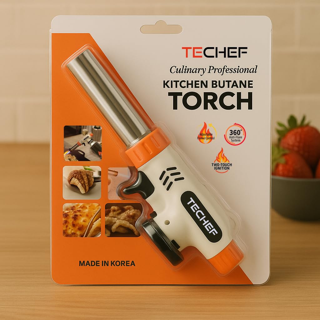 TECHEF Antorcha de butano – Antorcha de butano de cocina profesional culinaria | Fuerza ajustable en forma de llama -16.6 °C | filetes abrasadores, crema brulee, hornear | Anti-flare | Combustible