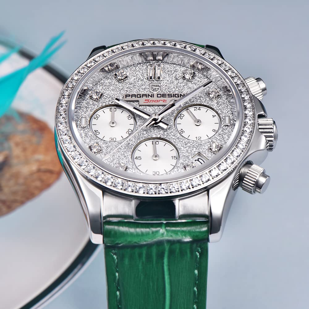 Pagani Design Lusso Donna Orologio al Quarzo Diamanti Movimento Giapponese Sintetico Zaffiro Acciaio Inox Cinturino Pelle Impermeabile Cronografo Multifunzione Orologi