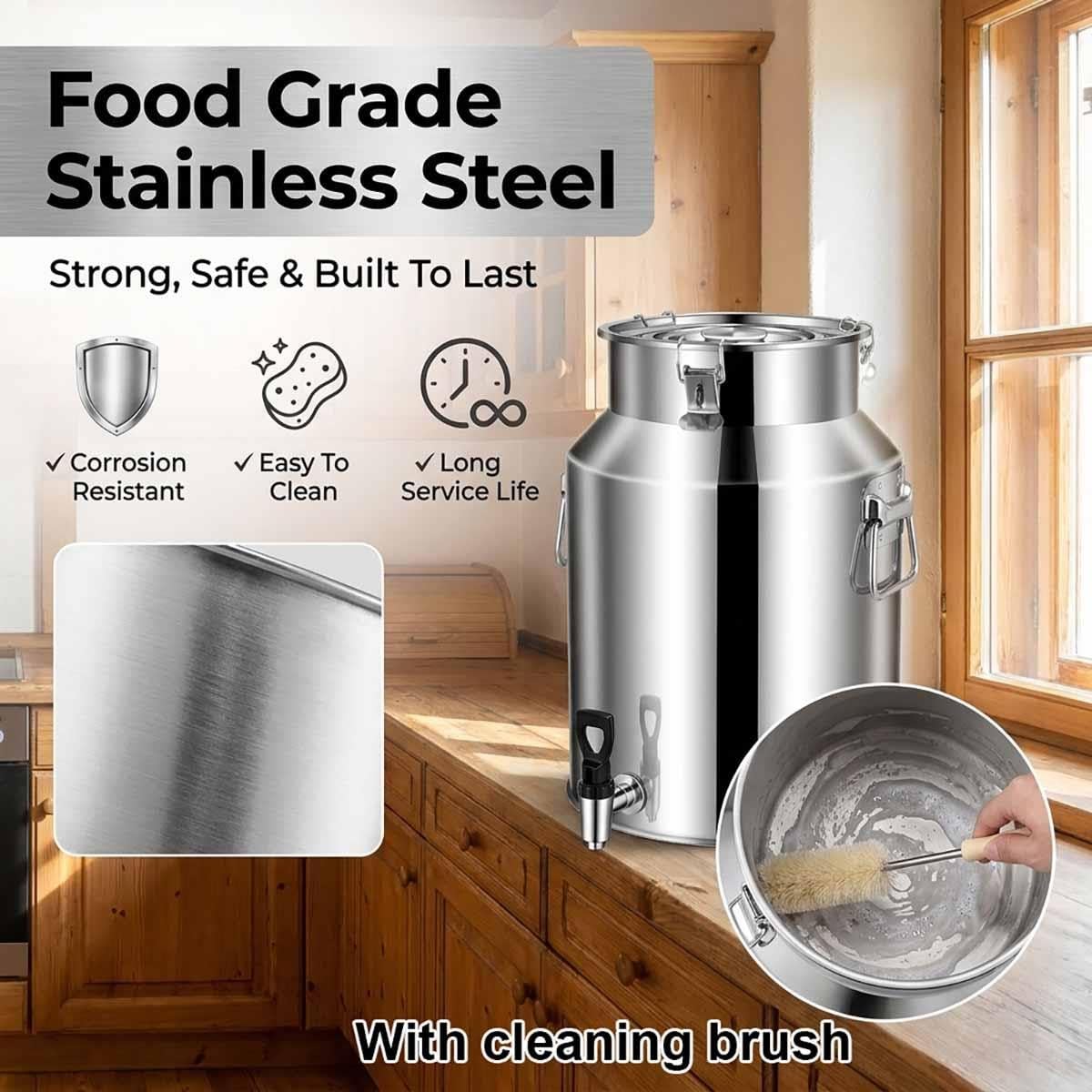 Bidón De Leche De Acero Inoxidable Con Espiga Cubo De Vino Lata Para Agua | Rra Con Grifo Y Tapa Sellada Cierres De Tensión Para Dispensar Líquidos Zumo Aceites En Cocinas(With faucet,64L)