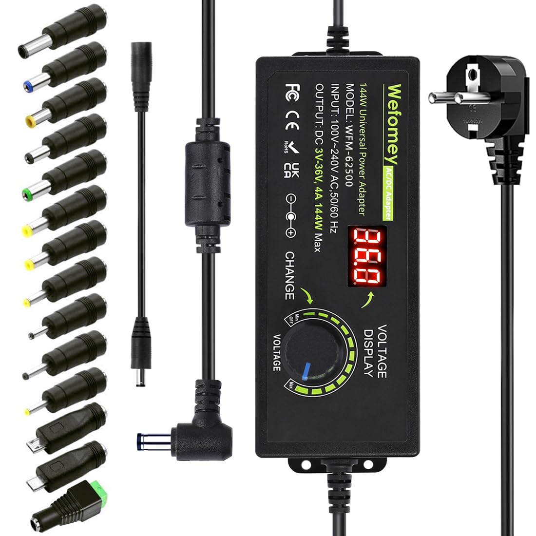 Alimentatore regolabile da 3 a 36 V, 144 W, adattatore universale AC/DC, 100 V-240 V AC a DC con indicatore di tensione LED e 14 punte, per elettronica domestica da 3 V-36 V