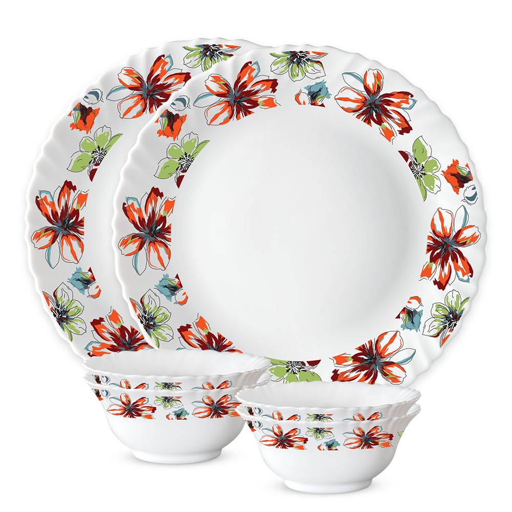 Silk Series Bali Opalware Dinner Set | 6 Pieces for Family of 2 | Microwave & Dishwasher Safe | Bone-Ash Free | Crockery Set for Dining & Gifting | Plates & Bowls | Floral Pattern
