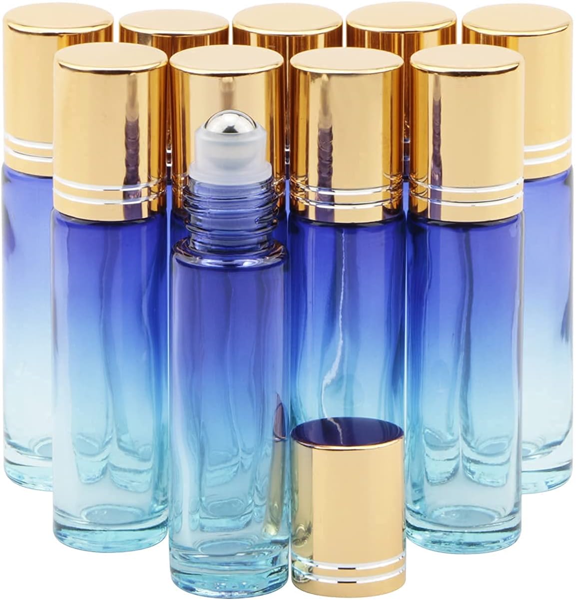 10 stks Essentiële oliën Roll on flessen, 10 ml navulbare lege glazen Rollerball flessen met Golden Cap, Perfect voor zelfgemaakte parfum geur aromatherapie oliën, blauw verloop
