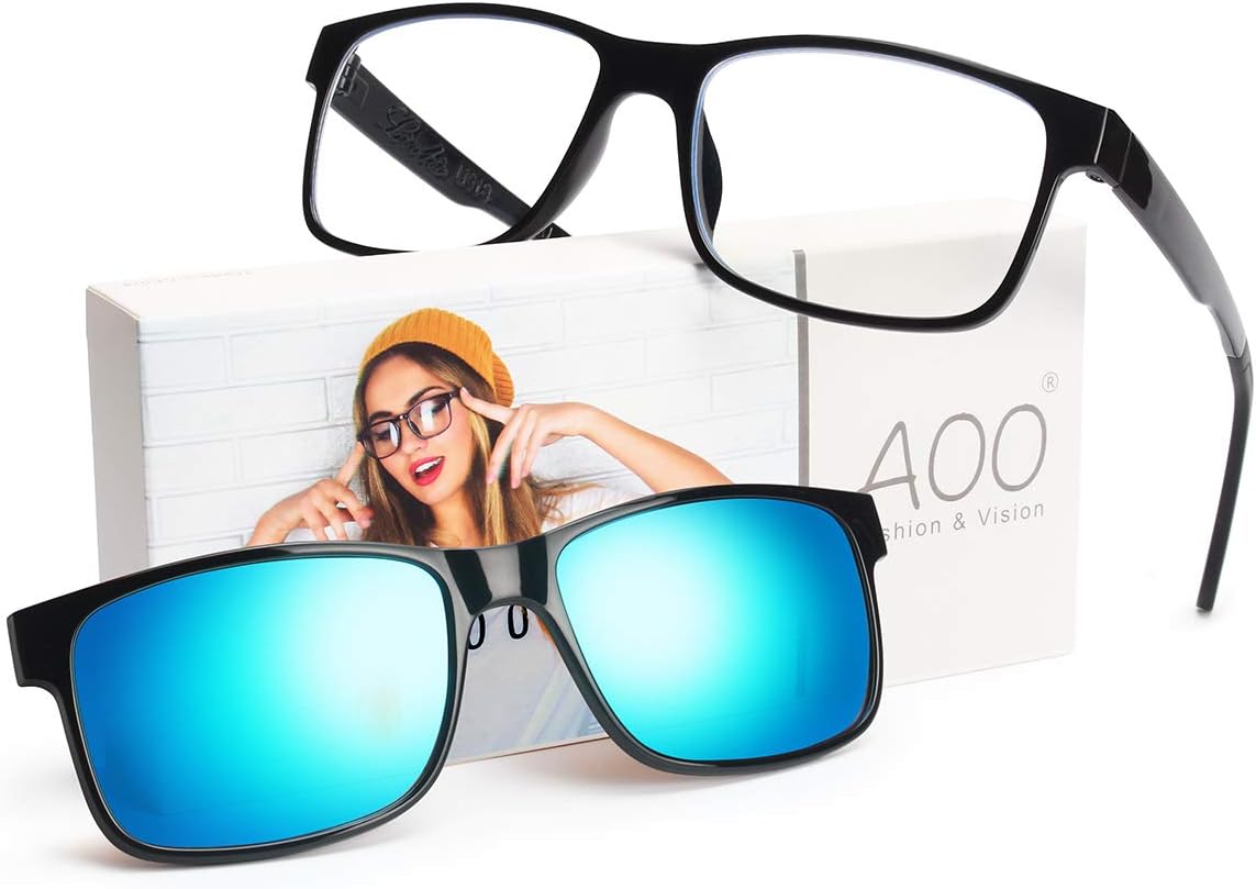AOO [2 in 1 Set] Blue Light Blocking Glasses with Magnetic Polarized Sunglasses Clip on, Lightweight Computer Glasses for Women Men，Anti Eyestrain Filter Blue Light Glasses with UV Protection…