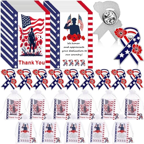 Image of Tondiamo Patriotic Veterans Poppy Lapel Pins Gift Bulk with Memorial Day Thank You Cards Flower Brooch Badge Soldier Souvenir