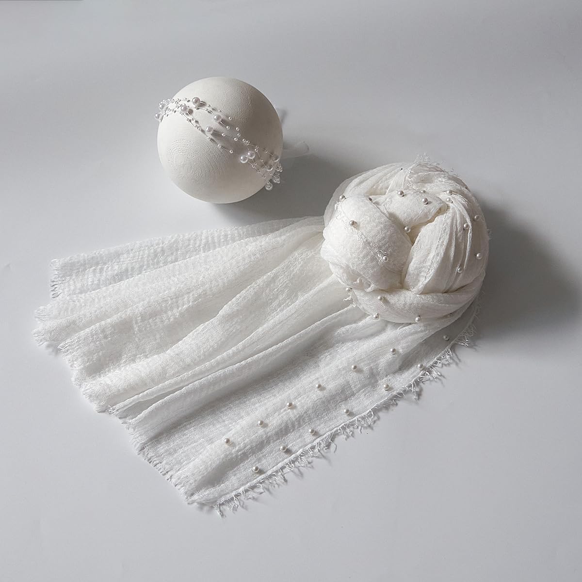 Zeroest Newborn Photography Wraps Baby Photoshoot Props 33.5" x 67" Pearl Raw Edge Wrap Headband for Infant Photos Outifts - Image 4