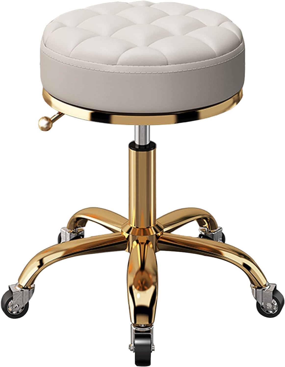 5PCS PU Leather Roller Stool, Shop Counter Medical Beauty Salon Spa Massage Swivel Stool, Modern Makeup Tattoo Massage Work, Gold Chrome 5 Claws with Swivel Wheel(White)