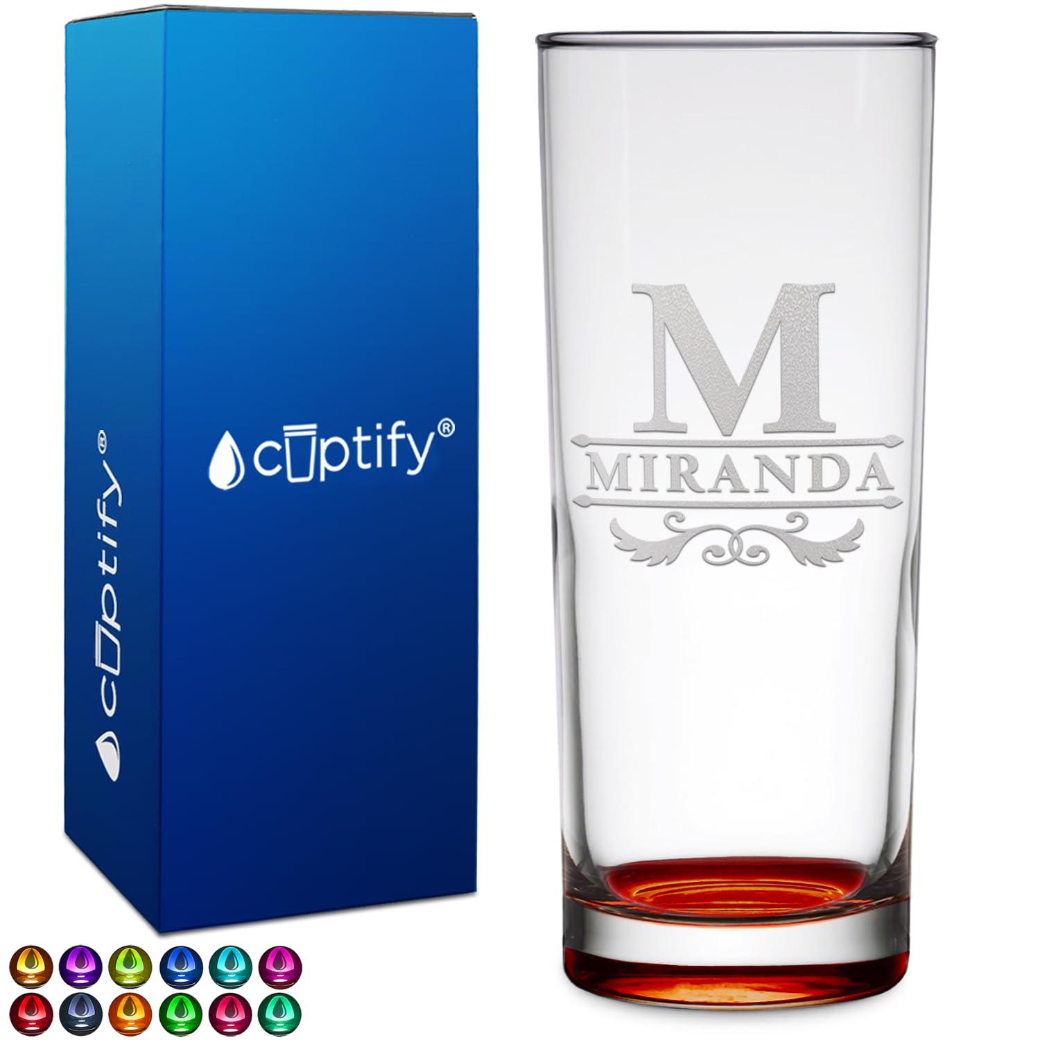 Personalized Highball 10.5 oz with Orange Bottom, Custom Tall Collins Glass, Straight up Mixed Drink Cocktail - Initial with Name Gift