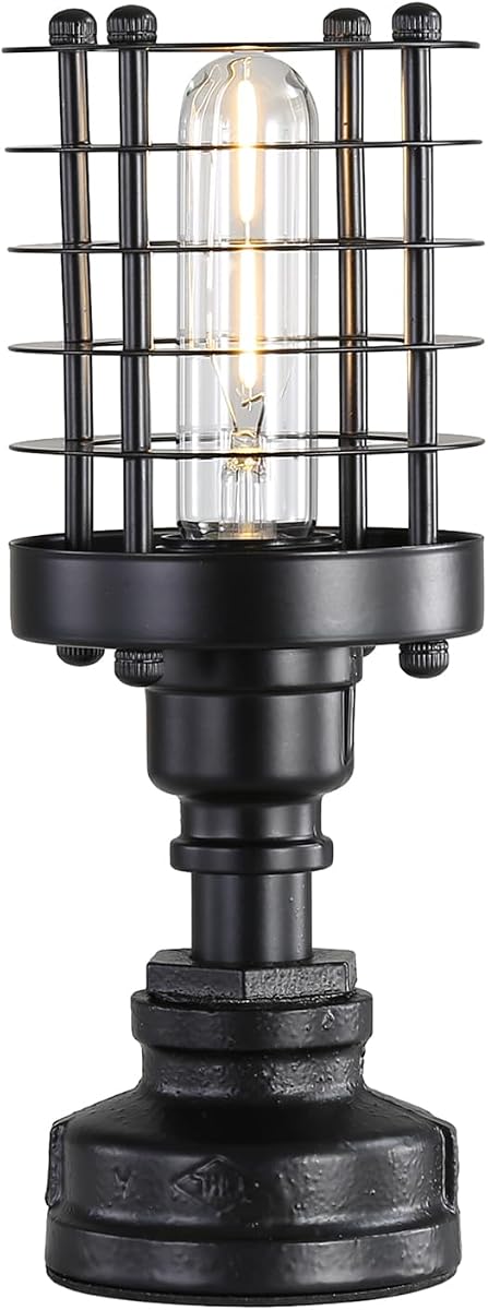 EFINEHOME Retro Industrial Steampunk Water Pipe Table Lamp Base, E26 Vintage Edison Desk Lamp with Switch Plug, Indoor Lights Decor for Bedside Living Bedroom Home Improvement (Black-Cylinder)