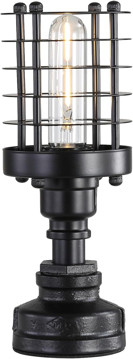 Retro Industrial Steampunk Water Pipe Table Lamp Base, E26 Vintage Edison Desk Lamp with Switch Plug, Indoor Lights Decor for Bedside Living Bedroom Home Improvement (Black-Cylinder)