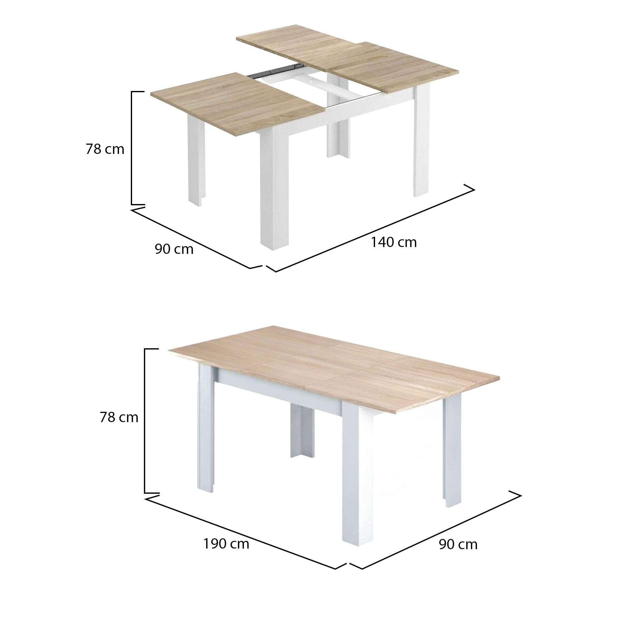 Dmora - Table Extensible Midland, Console Extensible pour Salle à Manger, Table de Cuisine ouvrant avec rallonge, 140/190x90h78 cm, Chêne et Blanc