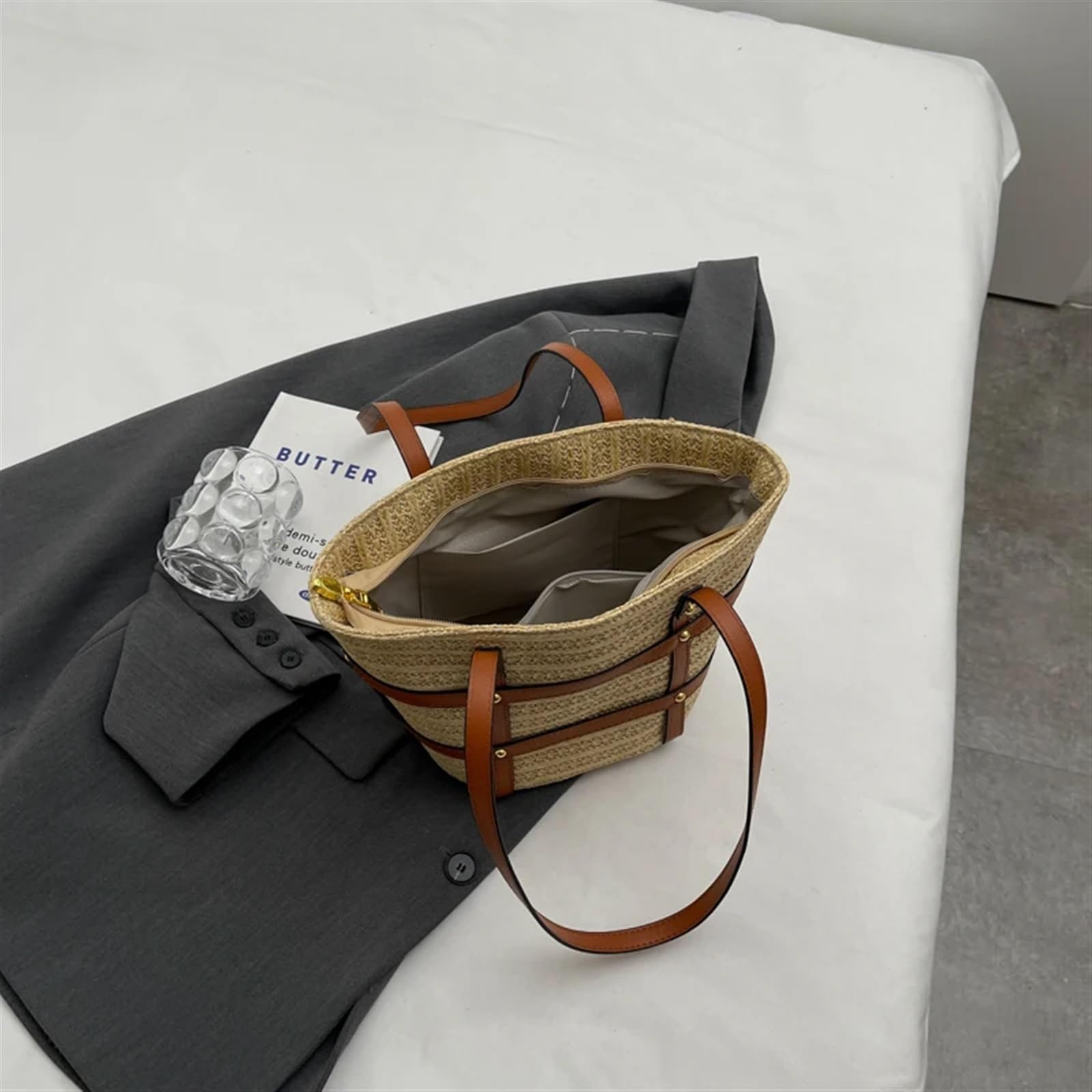 Stroh Handtasche Damen Große Winter Large-Capacity Straw Bag Bag Fashion Shoulder Bag Versatile Large-Capacity Tote Bucket Bag Entworfen Für Die Reise Zum Strand Im Urlaub(Khaki with Black)