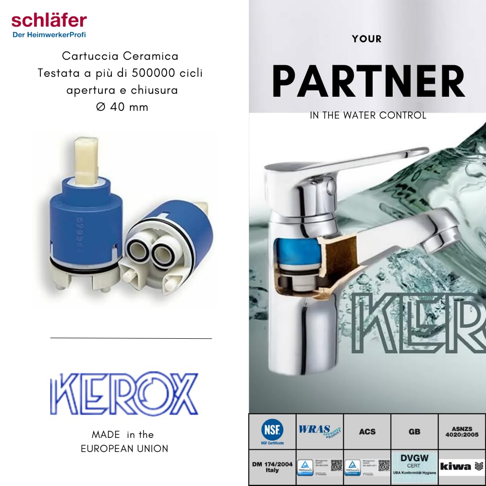 Schläfer 480061 | Cartucho mezclador de 40 mm, cartucho de repuesto para mezcladores de cerámica alta de 2 patas para grifos mezcladores de cocina, baño, ducha y bañera, modelo Kerox K40-B