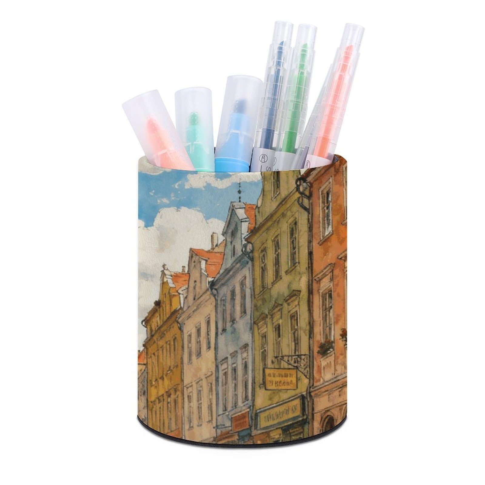 DWVTSLH Aesthetic Pen Holder for Desk - Modern Leather Pencil Holder - Stylish Round Makeup Brush Holder - European Street View Pen Cup Cute And Functional Desk Organizer for Office Supplies