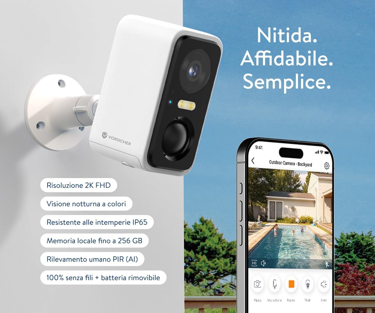 Telecamera Wi-Fi 2K + Pannello Solare · Kit Sicurezza Esterno Senza Fili, Batteria 5200mAh + Ricarica Continua 24/7, Visione Notturna Colori 30m, AI, App Italiana