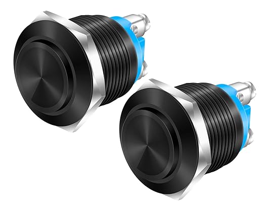 DaierTek 12V Momentary Horn Push Button Switch Black Metal Waterproof 19mm Round Starter Power Switch for RV Truck Boat Marine - 2pcs