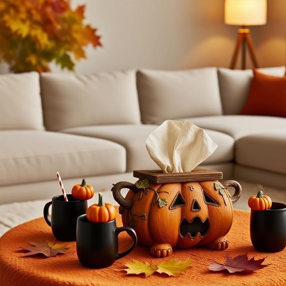 Uchwyt na pudełko na chusteczki z dynią na Halloween, rzeźbiony organizer na papier do twarzy, upiorny dozownik chusteczek do domu, łazienki, kuchni, dekoracji biura (3 szt.)