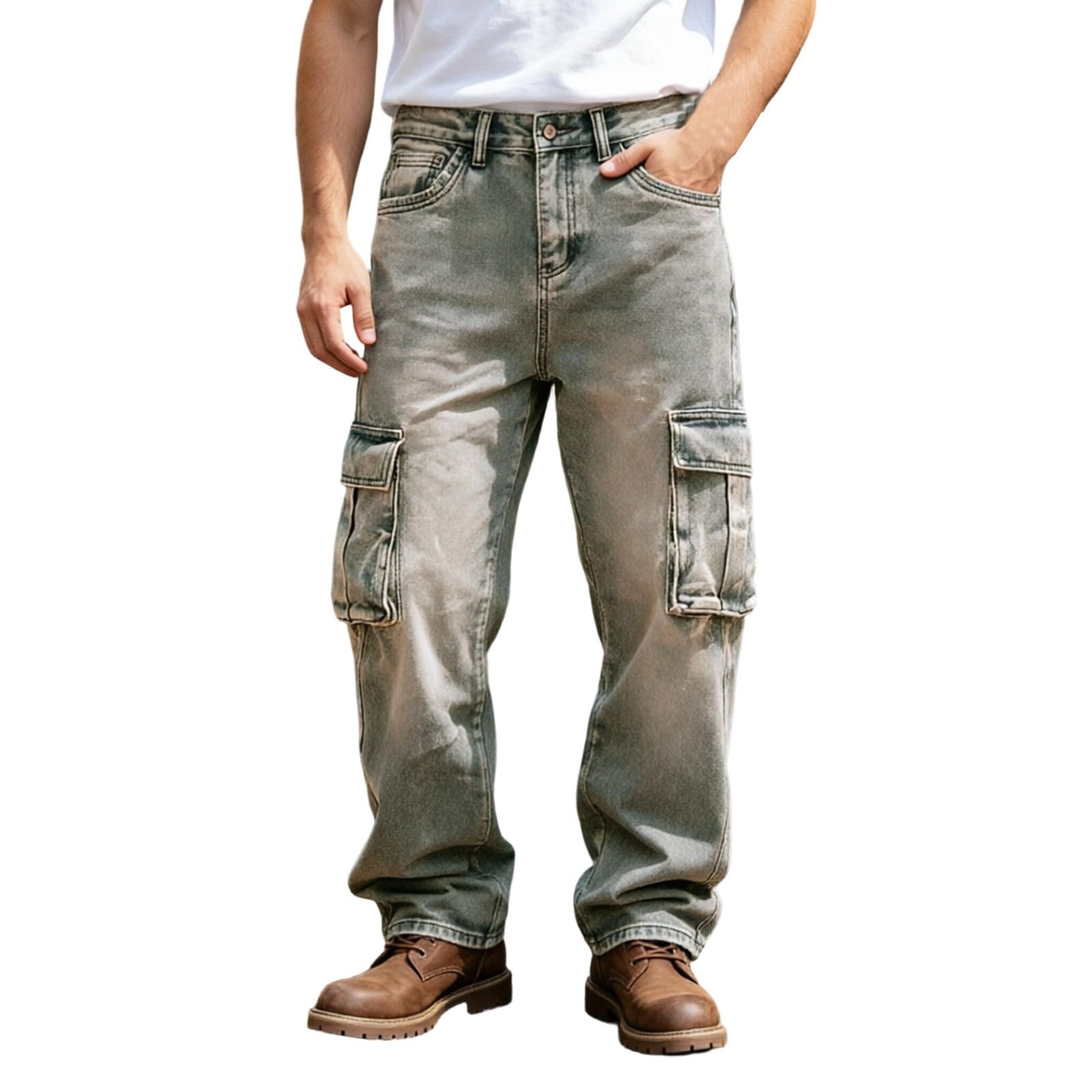 Pantalones Vaqueros Cargo con Bolsillos, Estilo Casual Urbano, Corte Recto y Holgado.