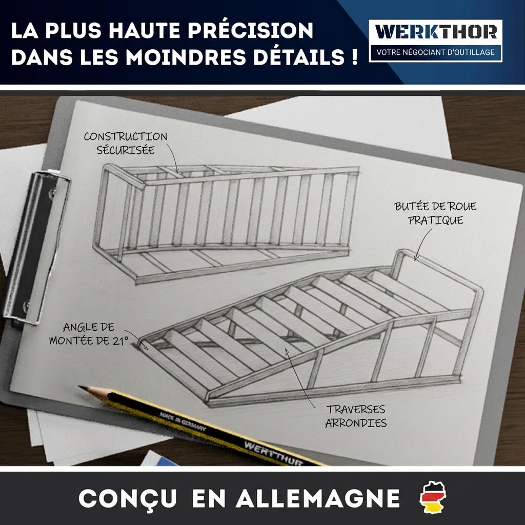 WERKTHOR [Lot de 2 Noir] Rampes d'Accès Métal Voiture, Rampe Voiture Levage Adhérence Maximale, Pont Mobile Voiture, Rampe Voiture Vidange Résistante Toutes Surfaces