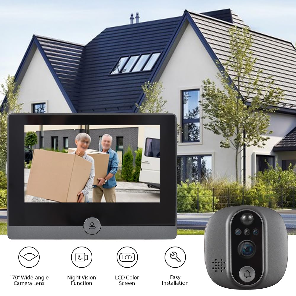WiFi 1080P Video Türklingel Kamera, 2,4 GHz Türspion Türspion mit 4,3 Zoll LCD Display, 120 Grad Blickwinkel, Nachtsicht, Bewegungserkennung, 2-Wege-Audio, Wiederaufladbarer Akku
