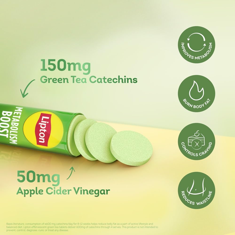 Lipton Metabolism Boost with 150mg Green Tea Catechins and 50mg ACV (Apple Cider Vinegar) | For Weight Loss & Fat Burn | Zero Calories | 16N Effervescent Tablets | Green Apple Flavour 2