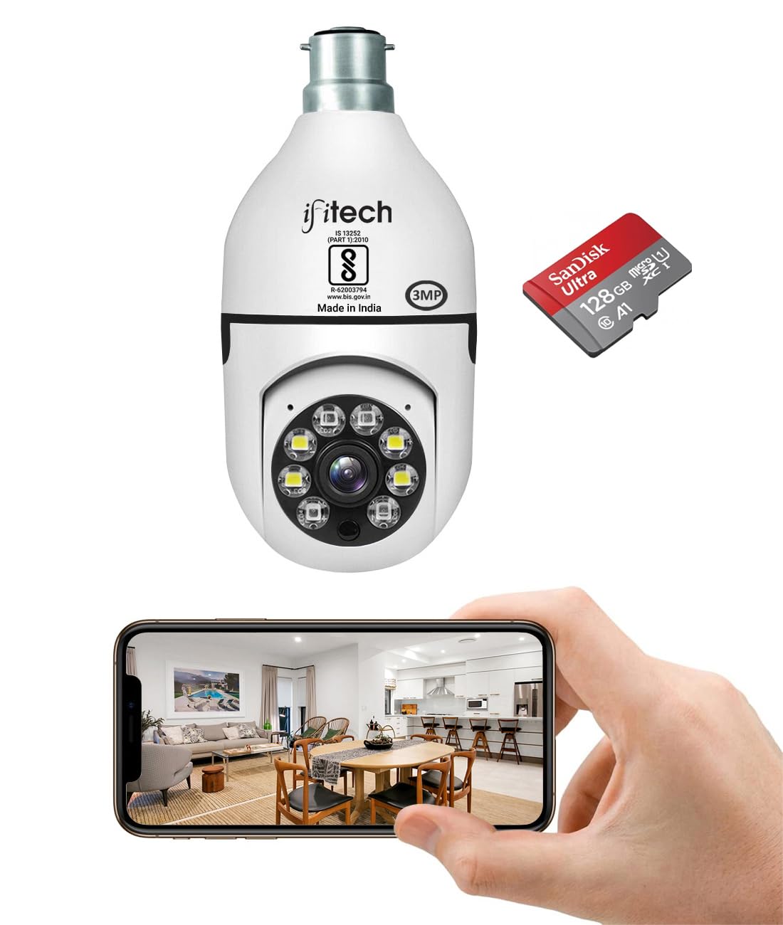 IFITech Indoor Security HD 3MP CCTV WiFi Bulb Camera | Pan/Tilt (PTZ) | 256GB SD Card Support (128GB SD Card Included) | Perfect for Home, Shop, Godown & Office Monitoring [2024 Model] (B0B9K4MF1G) Amazon Price History, Amazon Price Tracker