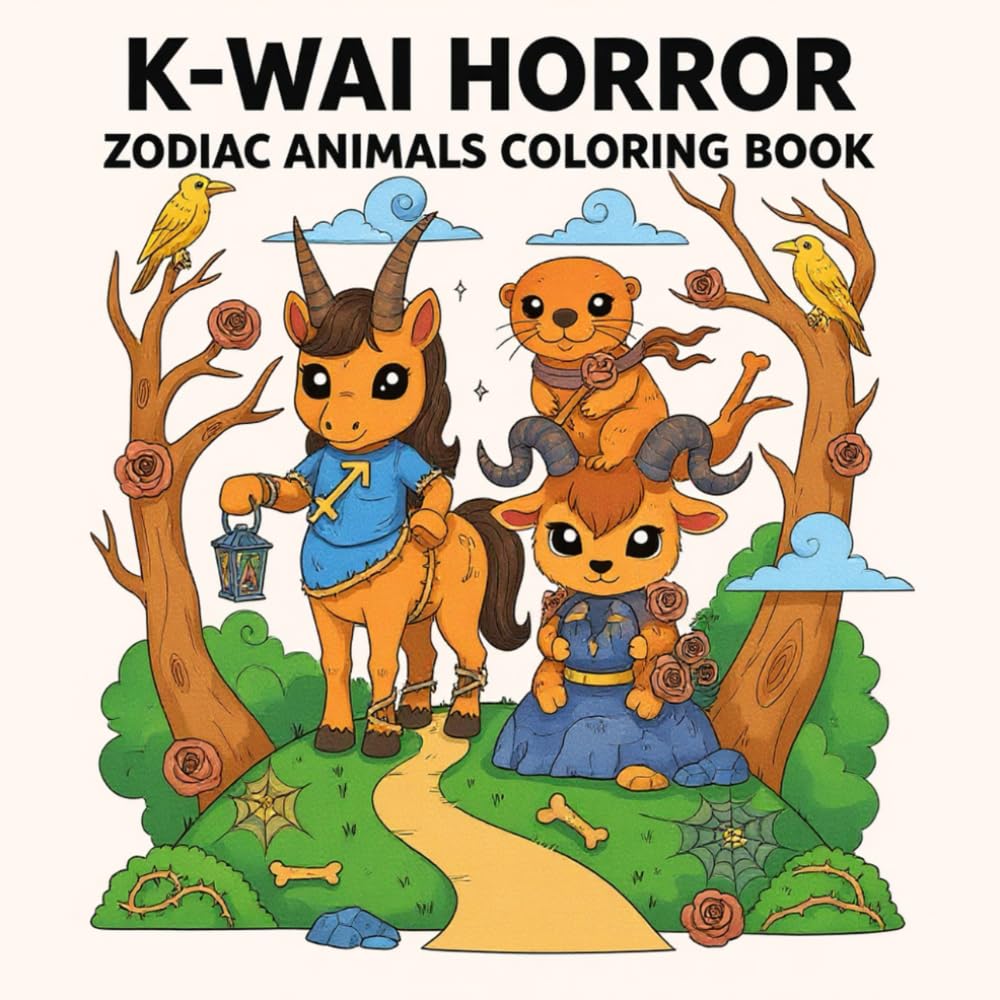 K-WAI HORROR: Zodiac Animals Coloring Book: A Creepy-Cute Gothic Adult Coloring Book of Dark Fantasy Beasts and Folklore Creatures