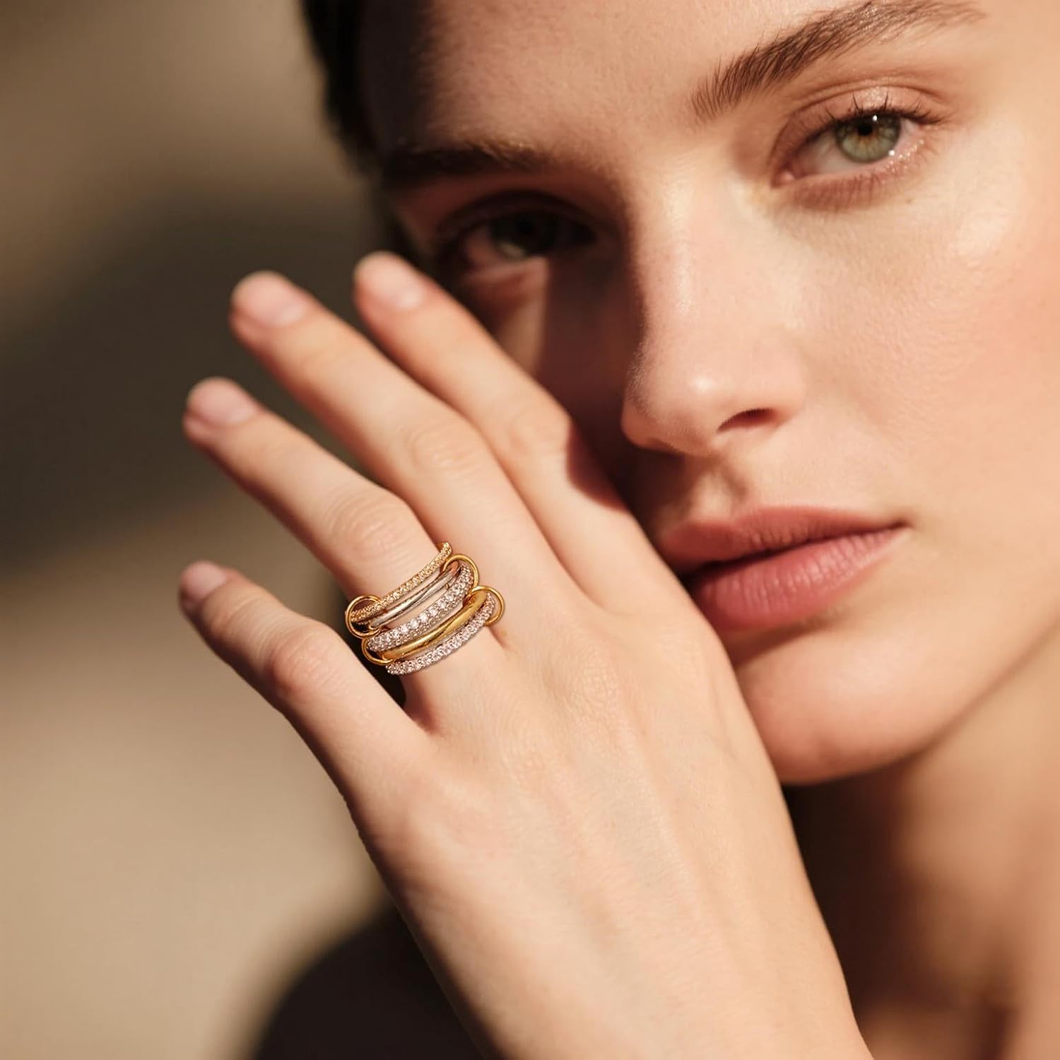 14K Gold Plated Interlocked Stackable Rings for Women Non Tarnish,Gold and Silver Cubic Zirconia Statement Rings Set,Mixed Metals Ring Two-Toned Connected Bands Stacking Jewelry - Image 8