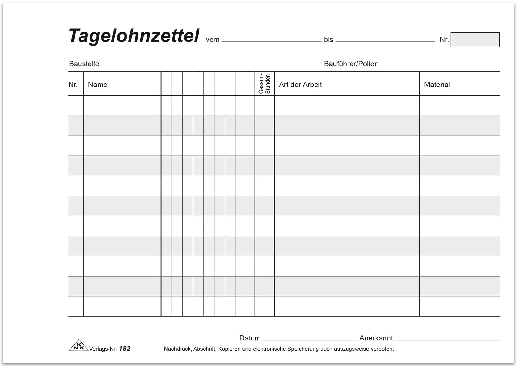 RNKVERLAG 182 - Tagelohnzettel, Block mit 3 x 40 Blatt, selbstdurchschreibend, DIN A5 quer