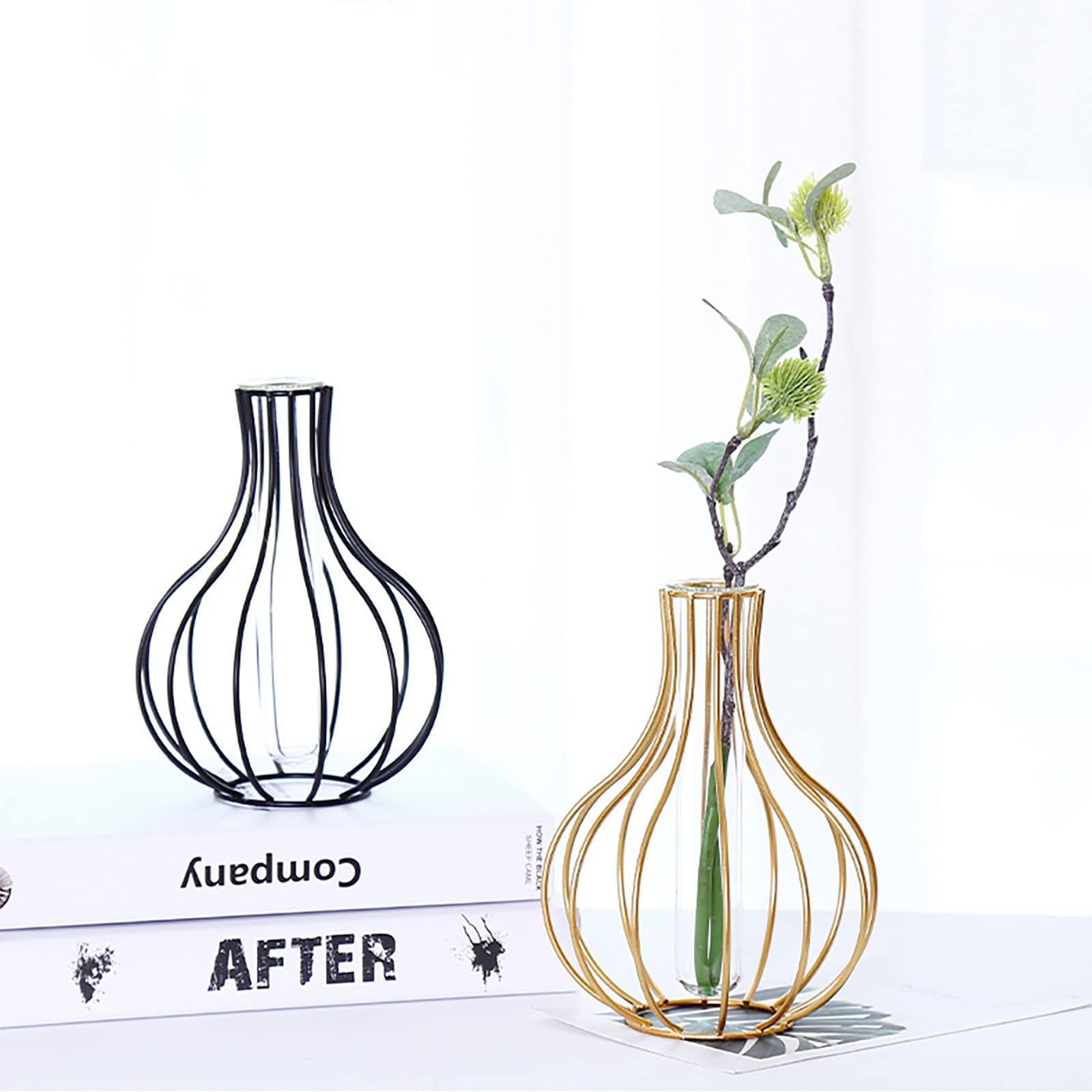 Sziqiqi Vetro Metallico Filo Vaso - Mini Stazione Propagazione con Nero Cornice Set di 4 Minimalisti Fiori Vasi per Idroponiche Piante Moderno Geometrico Vaso per Tavolo Soggiorno Camera da Letto