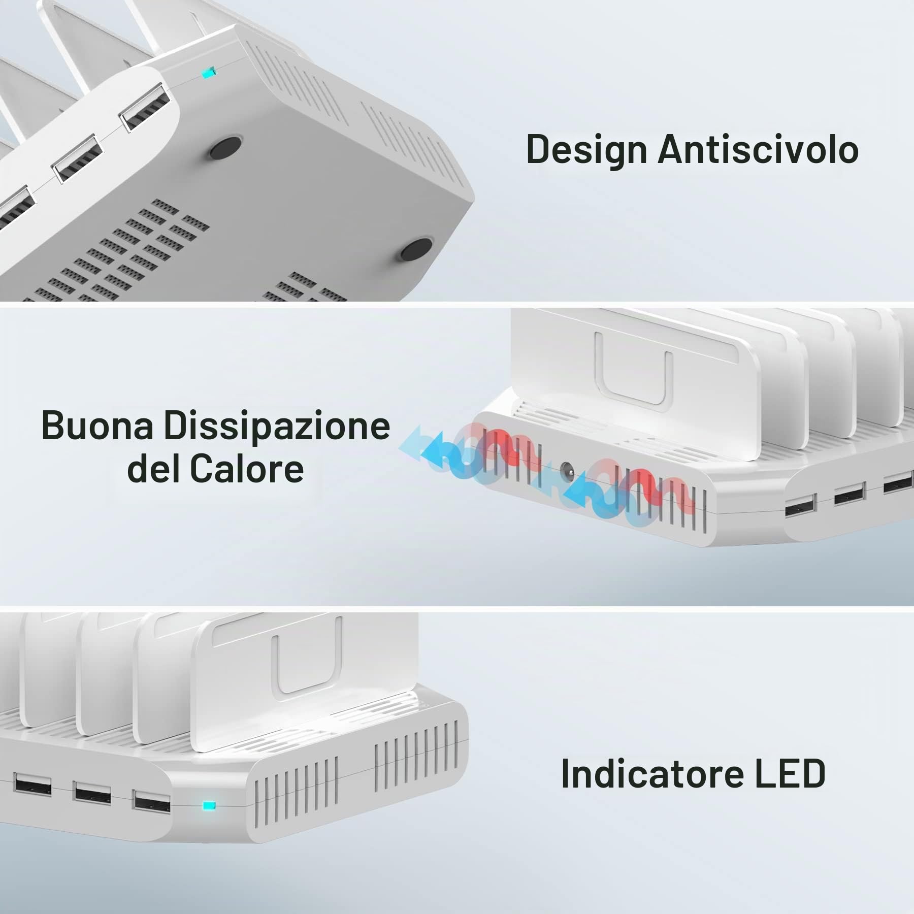 Unitek 60 W, stazione di ricarica USB a 10 porte, stazione di ricarica multipla con SmartIC Tech e compatibile con telefoni, tablet e altri dispositivi