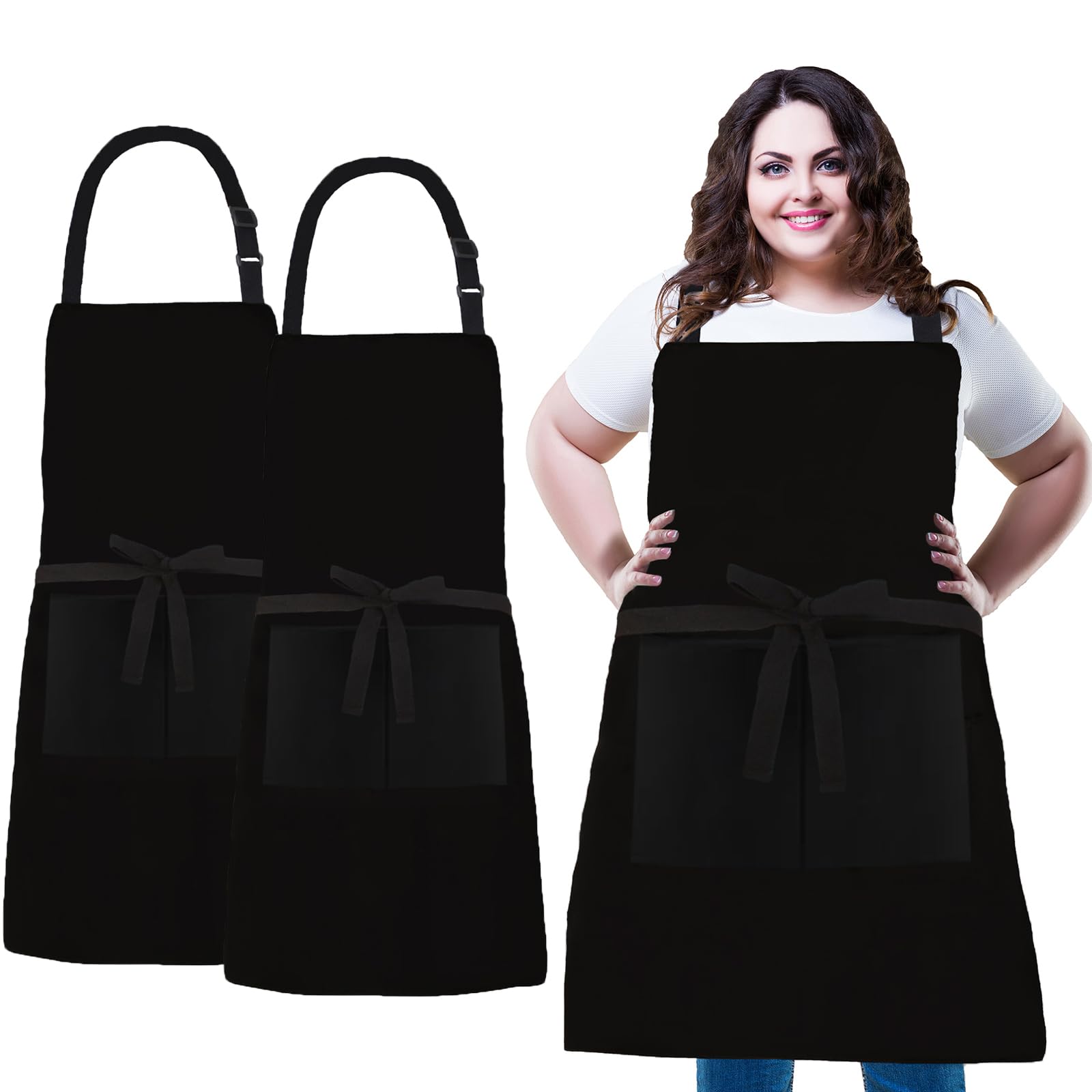 XIEJINJIA Plus Size 2 Pack Adjustable Bib Apron Water Resistant Canvas Extra Wide Long Ties Aprons with 2 Pockets Kitchen Cooking Gardening for Women Men (Black)