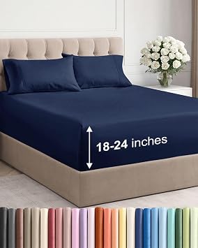 Extra Deep Queen Sheet Set - 4 Piece Breathable Cooling Sheets - Navy Blue | Easily Fits 18 to 24 inch Mattress - Ultra Soft, Wrinkle & Fade Free with Extra Deep Pockets - Comfy Hotel Luxury Bedding
