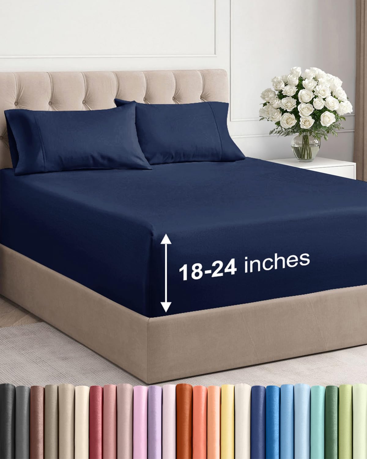 extra deep pocket queen sheet set - 4 piece breathable & cooling bed sheets - hotel luxury sheet set - soft, wrinkle free and comfy - easily fits extra deep mattresses - deep pocket navy blue sheets