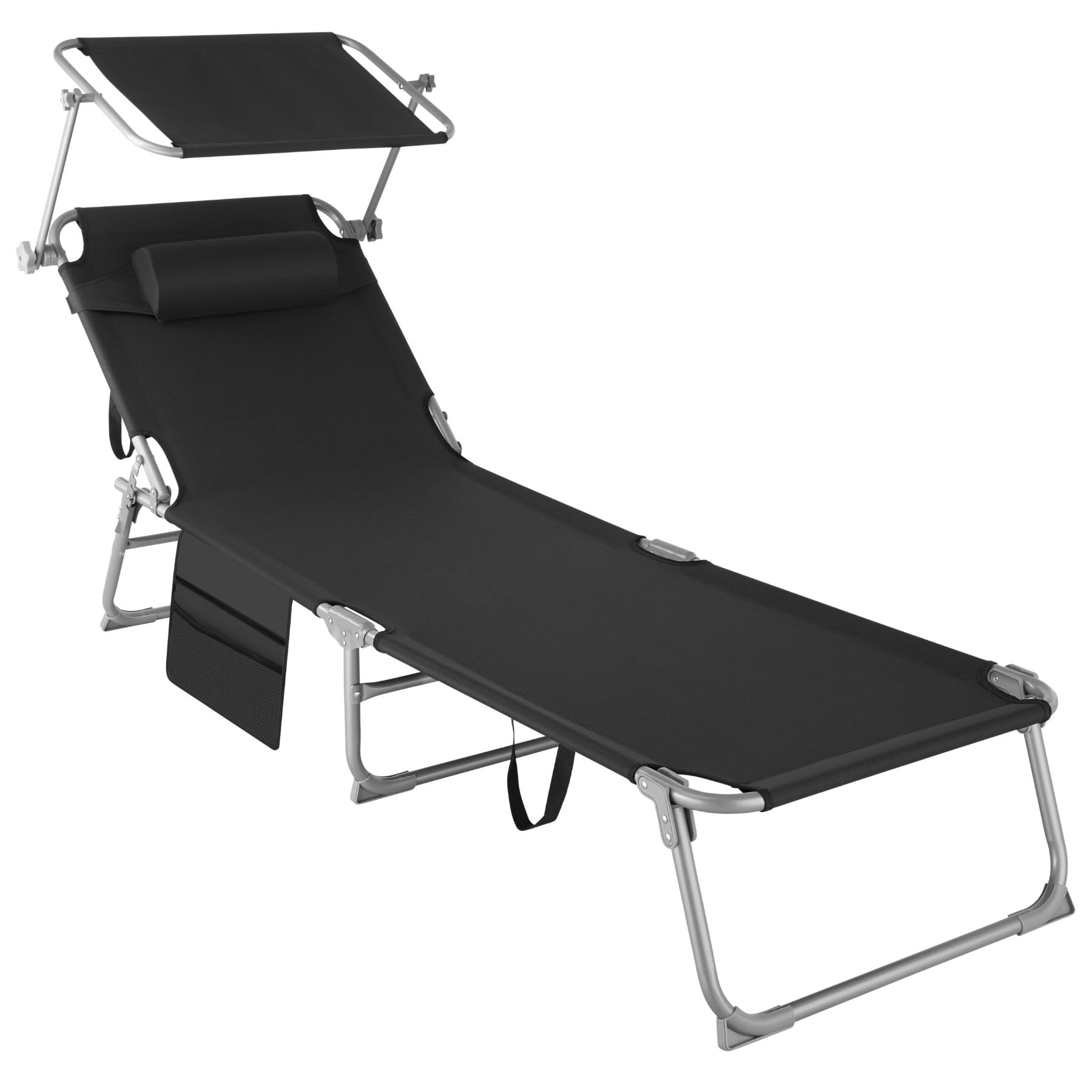 TecTake® Tumbona Jardín Exterior de Acero, Tumbona Plegable con Reposacabezas, Parasol y Bolsillo Lateral, Tumbona Playa Reclinable 6 Posiciones, Tumbona Piscina Resistente a Intemperie - negra