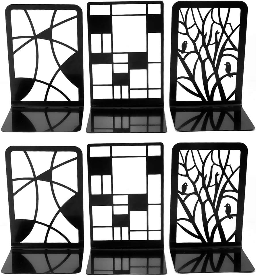 Book Ends, Bookends, Book Ends for Shelves, 3Pair Non Skid Metal Bookend for Heavy Books, Book Divider Decorative Holder, Abstract Art Design Book Stopper Supports for Office, Home