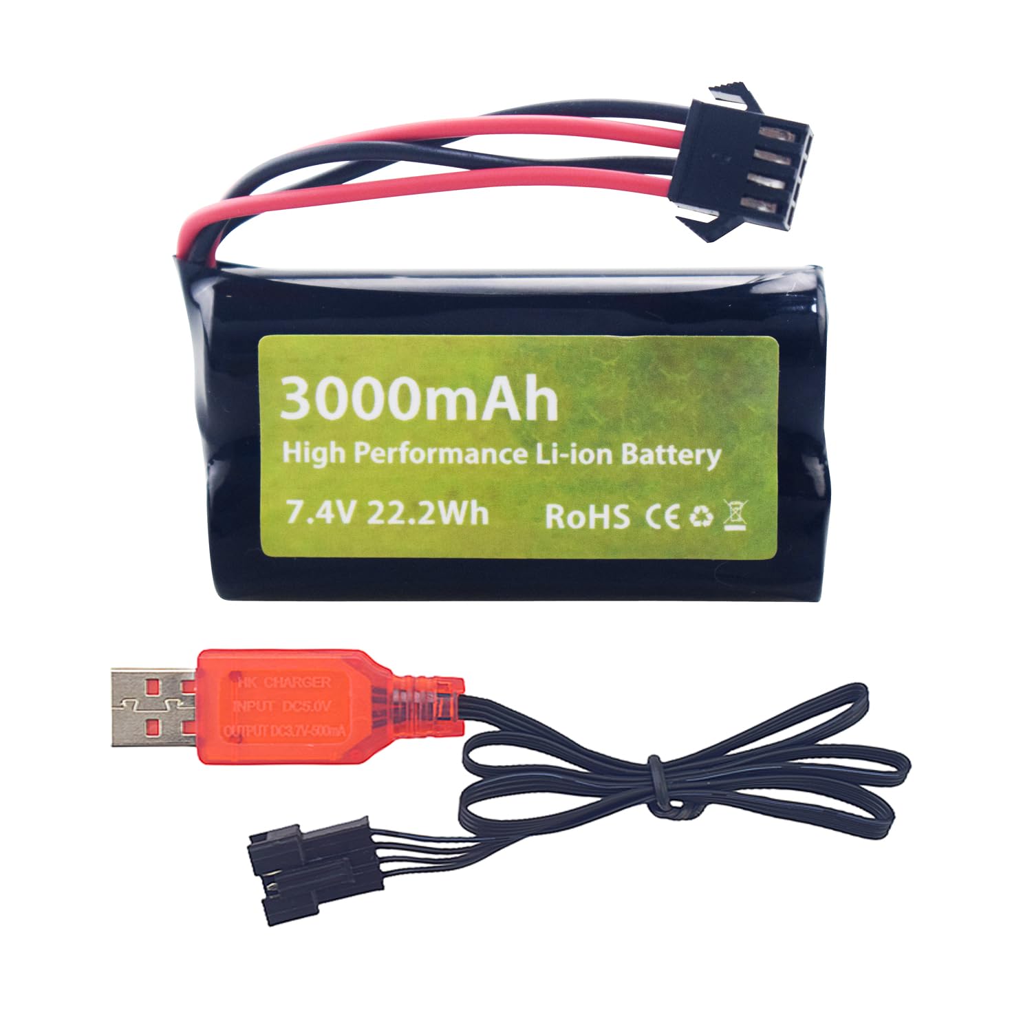 Batería 7.4V 2000mAh 15C 2S Con Cargador USB Y Conector SM-4P – Compatible Con Coches RC, Camiones, Barcos Y Drones (70x36x18 Mm)