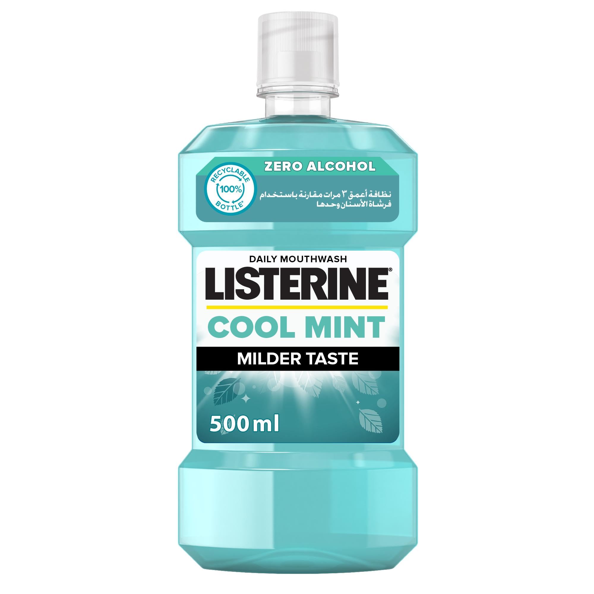 Listerine Breath Freshening Mouthwash, Cool Mint, Milder Taste, kills 99% of germs that cause plaque and bad breath, when used twice daily, 500ml
