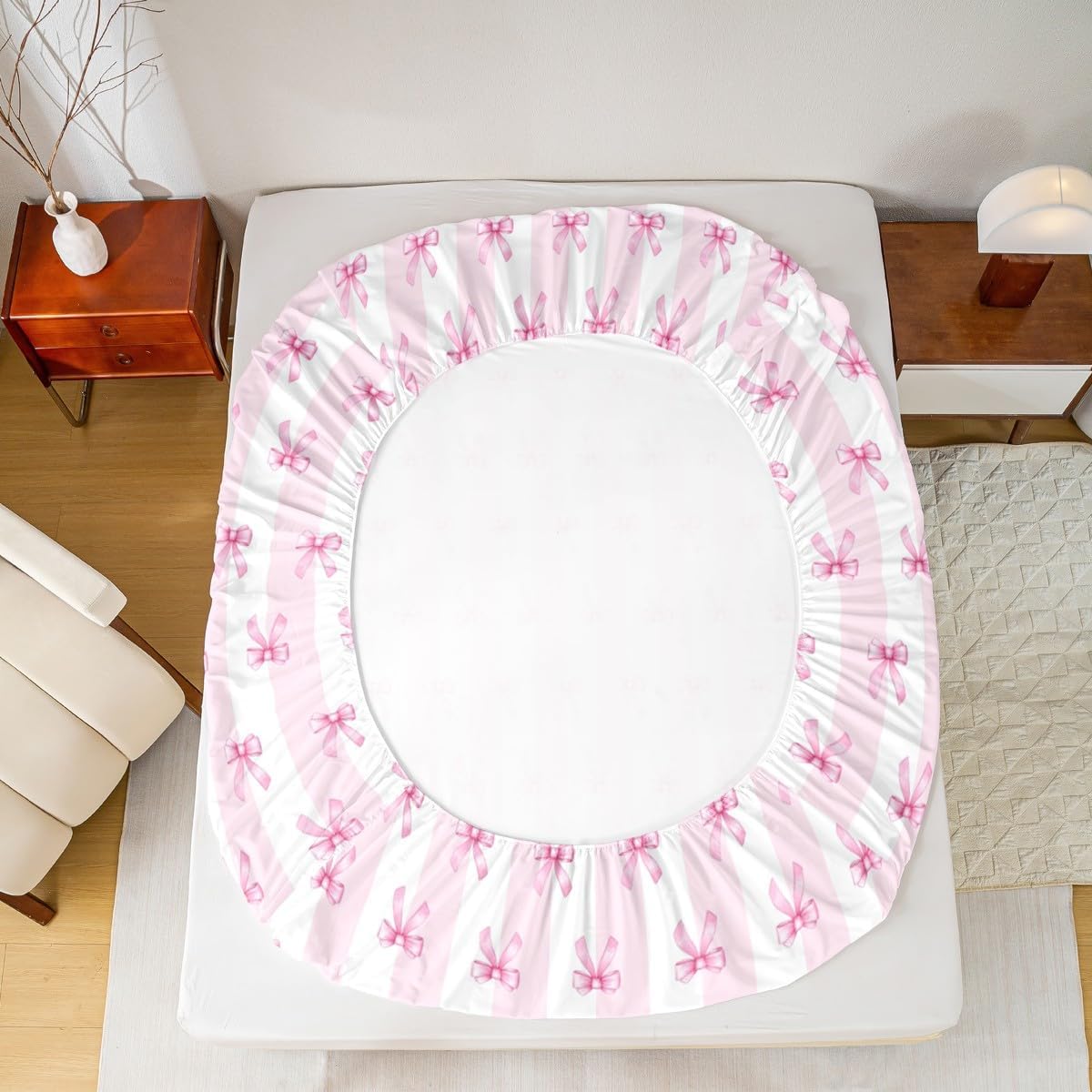 Kids Bow Fitted Sheet Full Size,Pink Bowknot Stripes Bedding Sets 3Pcs for Girls Teens Woman Room Decor,Sweet Princess Style Bed Cover Girly Bow Ribbon Deep Pocket Sheet,2 Pillowcases