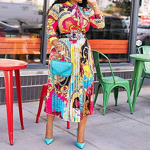 Image of VERWIN Bow Collar Patchwork A-Line Color Block Women's Long Sleeve Dress Midi Dress