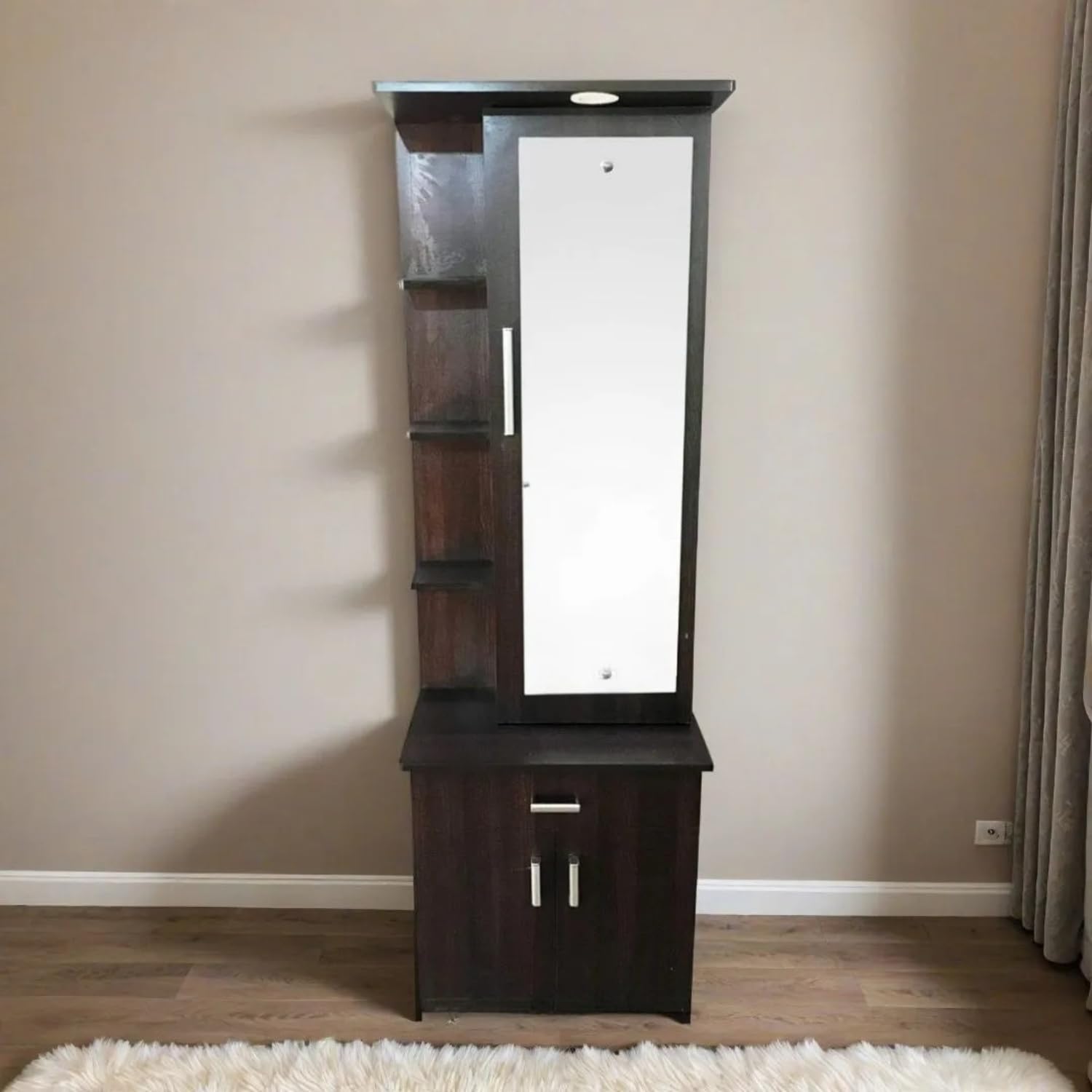 CASPIAN Engineered Wood Single Door Wooden Vanity Dressing Table (Walnut) | Pre-Assembled Furniture With Mirror, LED Light | Makeup & Accessories Storage Organizer with 4 Shelves, 1 Cabinet & 1 Drawer