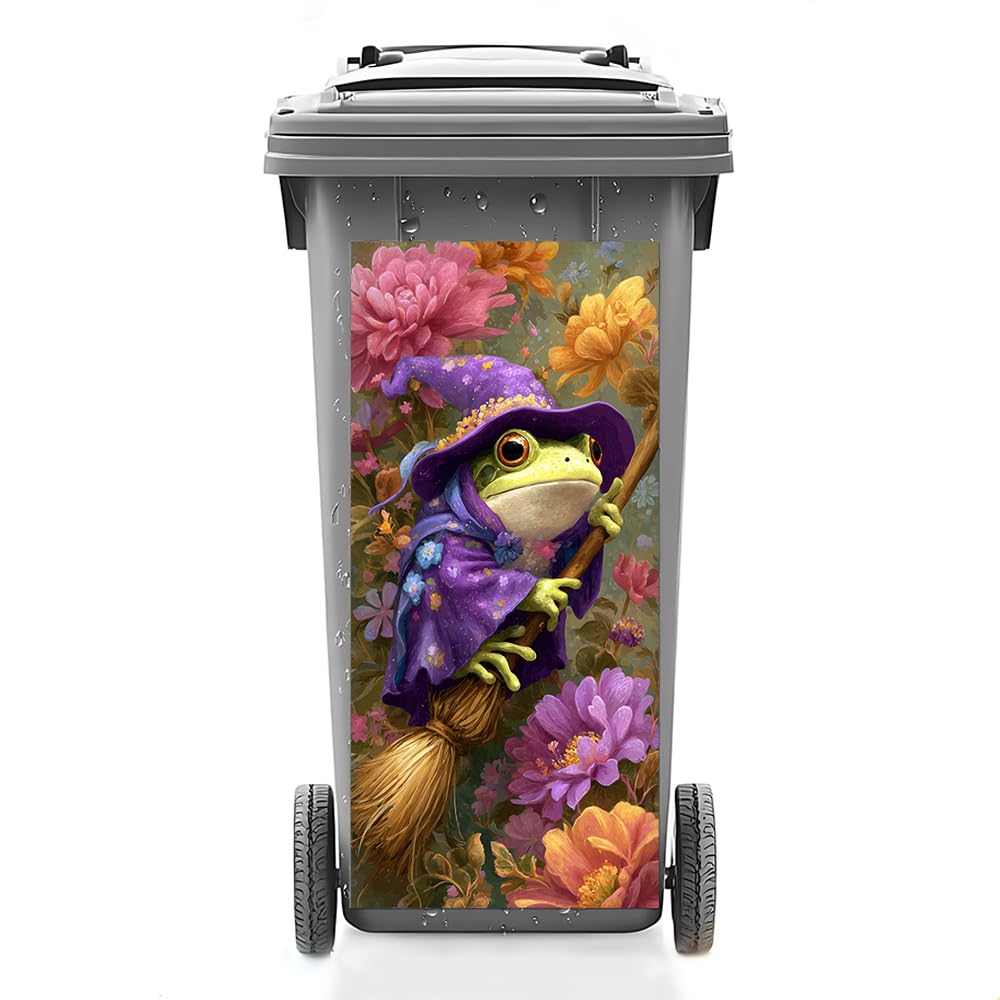 14.6x32.3 Inch Trash Can Cover Frog in Purple Witch Costume Holding Broom Design Outdoor Garbage Bin Decoration Sticker Wrap