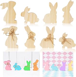 Whaline 8Pcs Easter Wooden Bunny Cutouts 4 Designs Unfinished Bunny Table Sign Pine Blank Wood Bunny Freestanding with Hemp Rope for Easter Spring Home Tiered Tray Decor Classroom DIY Art Craft - Buy now