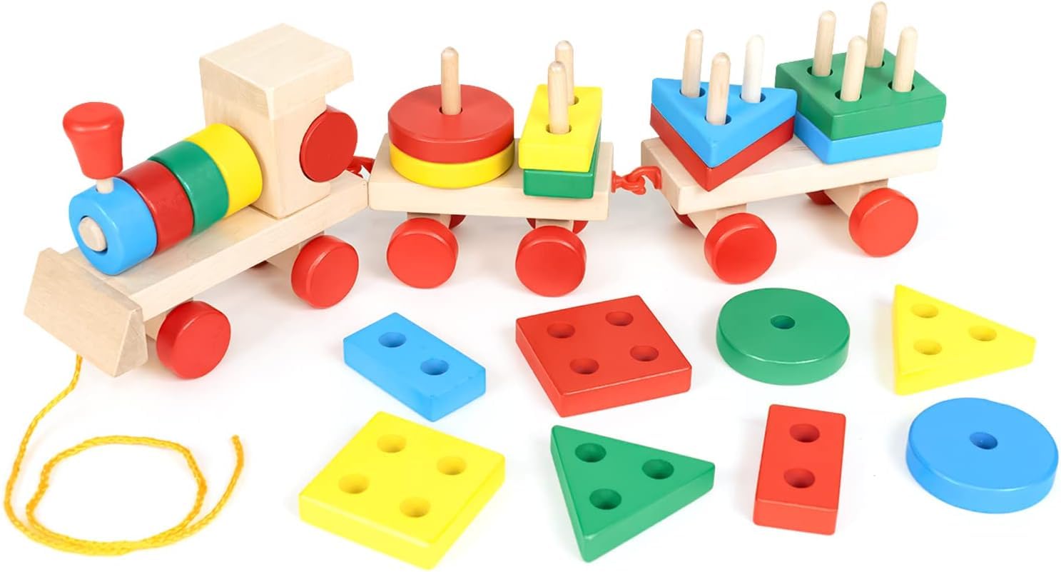 SHINETOY Wooden Railway Train Toddler Toy, Rail Wooden Blocks for 1-3 Year Old Boys Girls, Montessori Sorting Stacking, Preschool Educational Toy for Kids