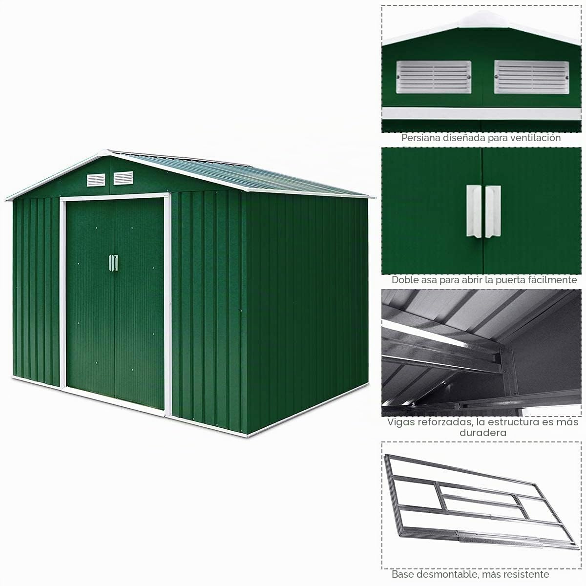 GIANTEX-Gabinete de Almacenamiento de Herramientas de Jardín Grande con Base, Cobertizo de Jardín con 2 Puertas Correderas y 2 Contraventanas (Verde Oscuro)