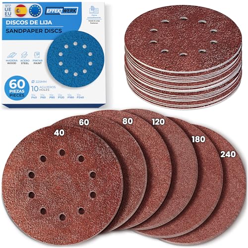 Effektwerk Discos de lijado (paquete de 60, 10 agujeros), papel de lija de 225 mm para lijado fino y grueso, varios tamaños de grano 40/60/80/120/180/240 (10 unidades cada uno)